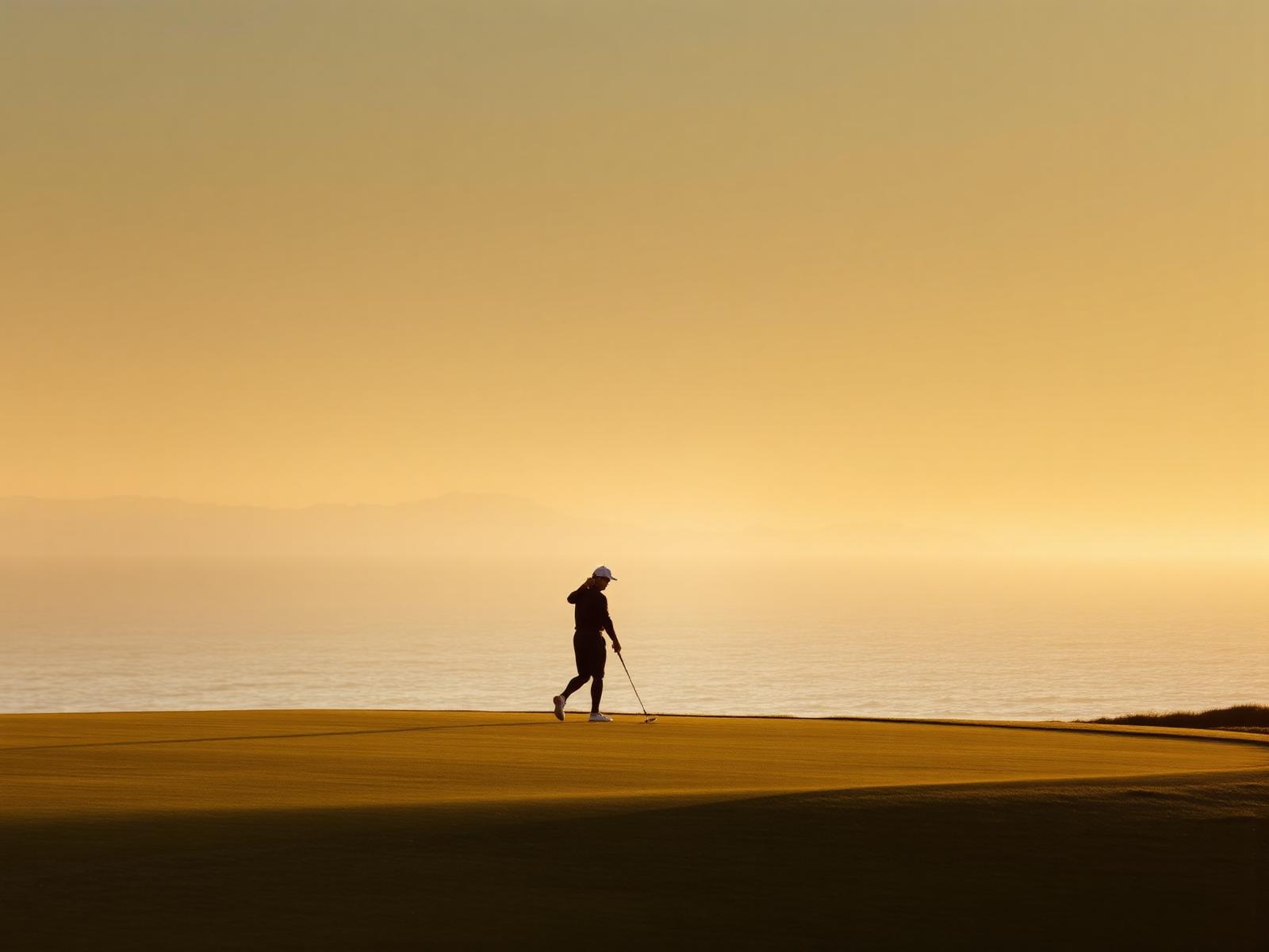 Golfer at sunrise on coastal course